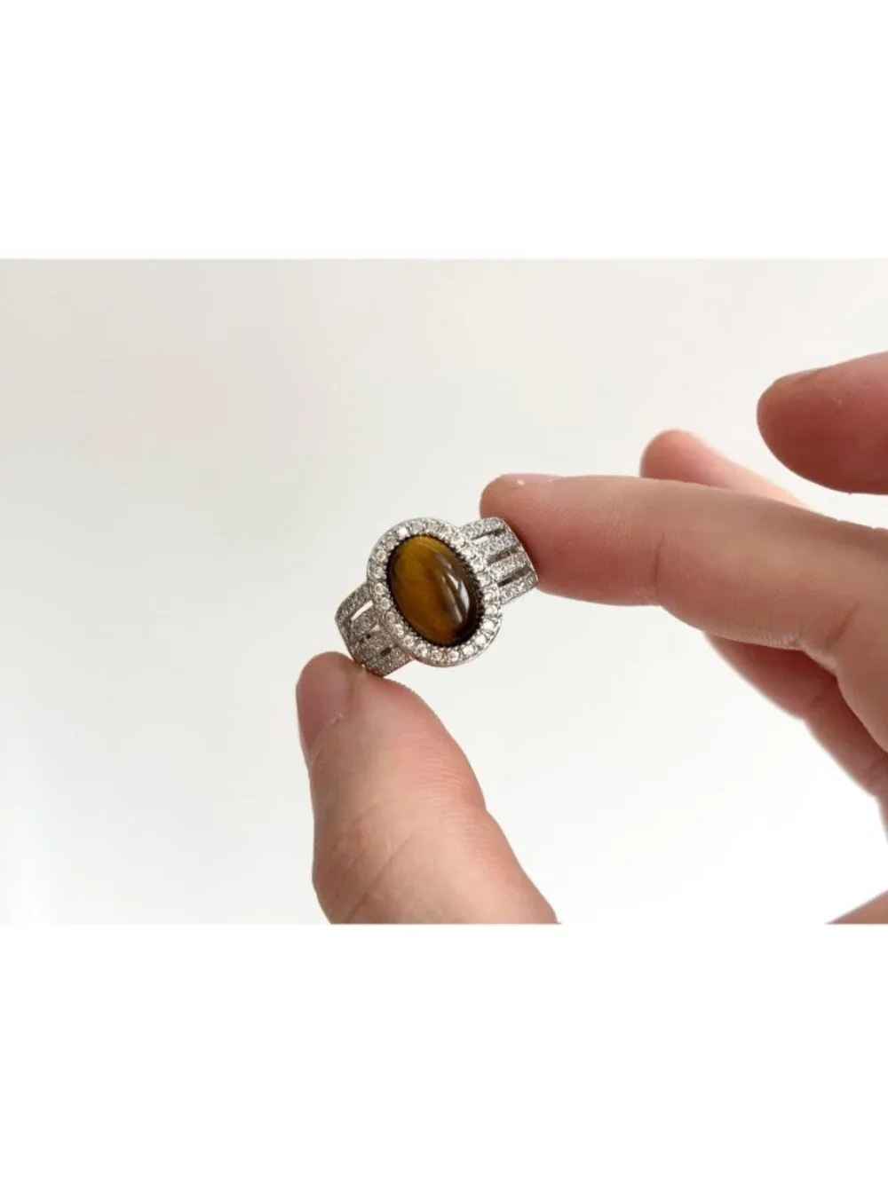 Genuine Tiger's Eye Gemstone Open Shank Sterling Silver 925 Vintage Ring - sz 8